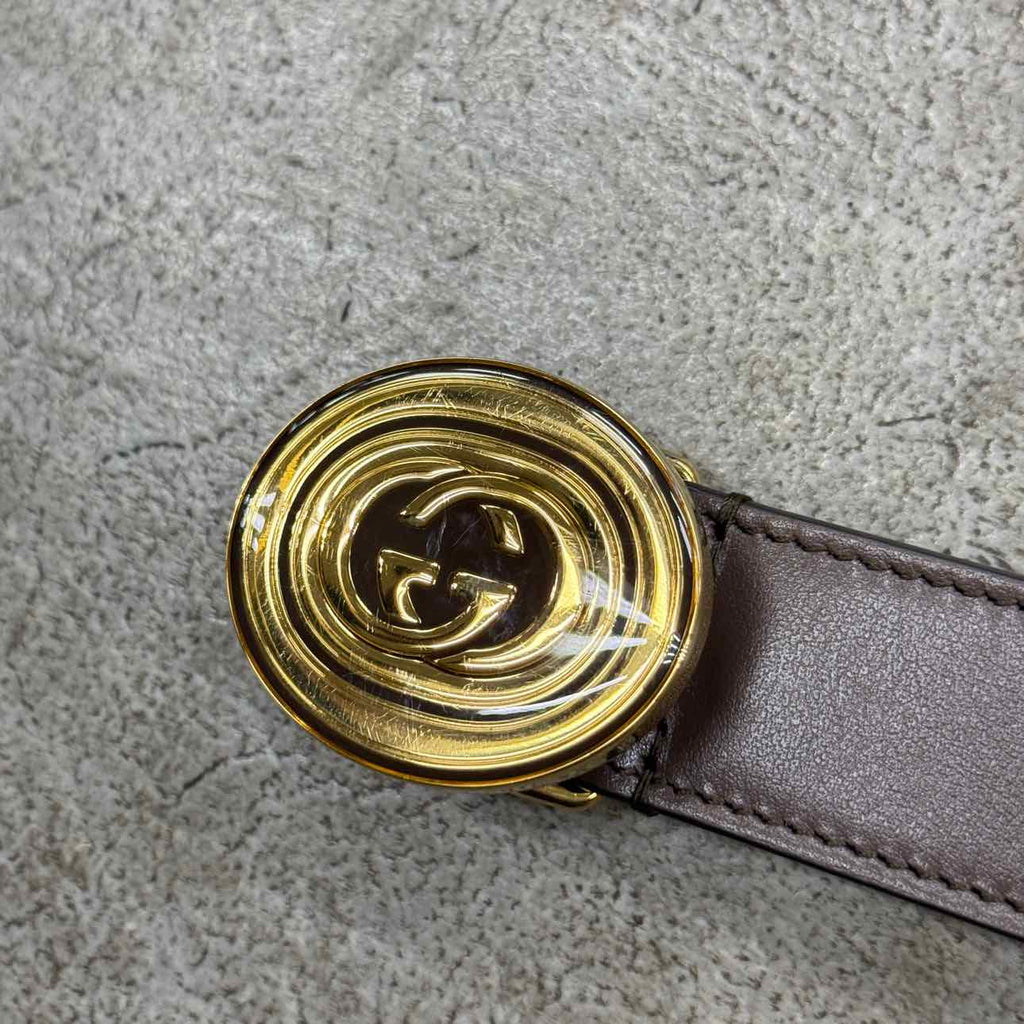 Gucci (W) Belt "OVAL GOLD BUCKLE" New Brown Size 30