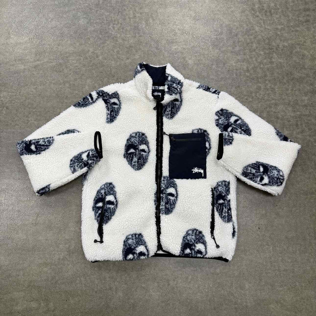 Stussy Fleece Jacket "MASK JACQUARD" Cream Used Size M