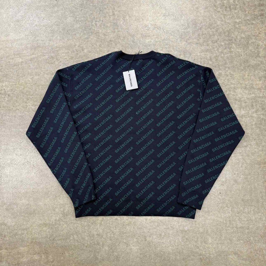 Balenciaga Knit Crewneck "MINI ALLOVER LOGO" Navy New Size M