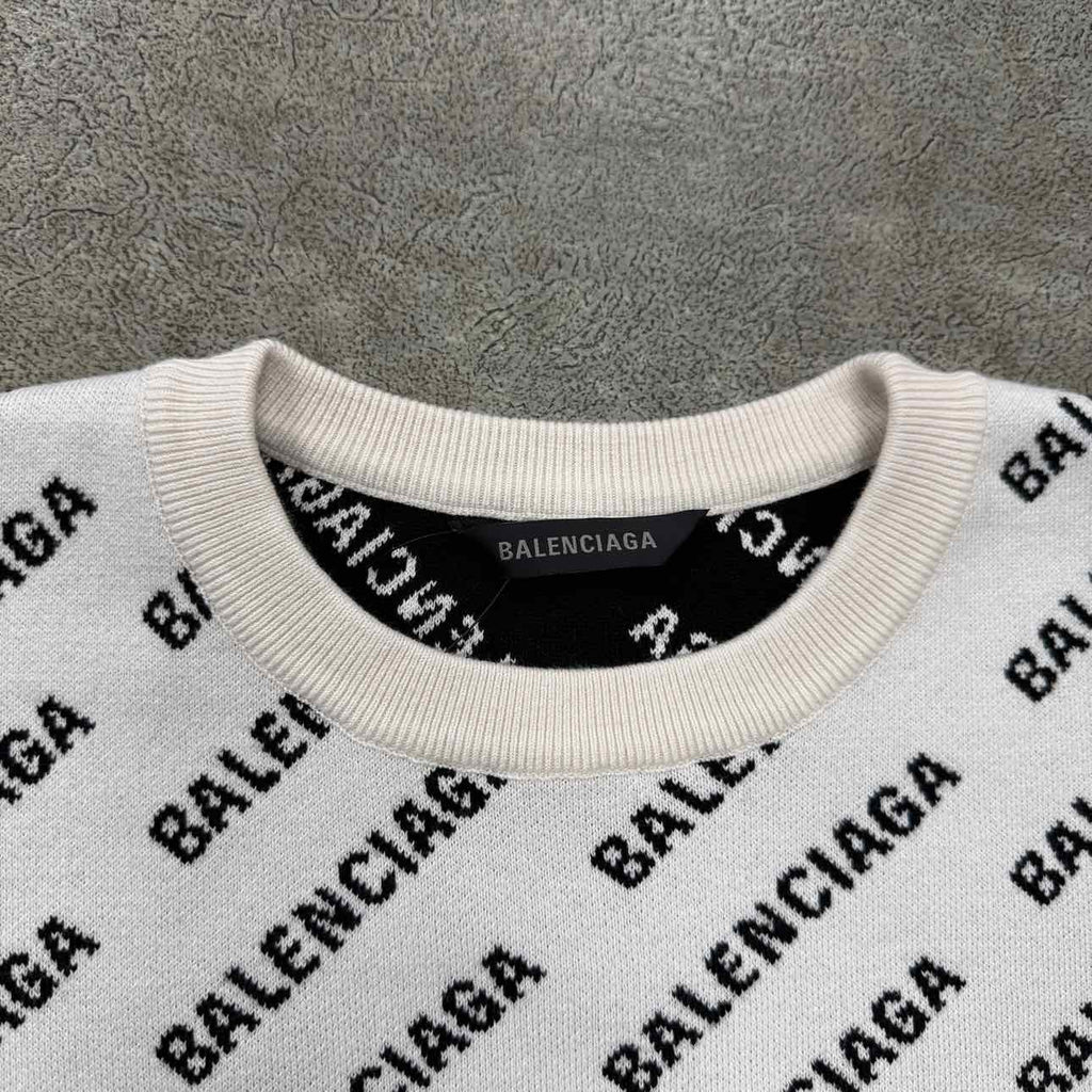 Balenciaga Knit Crewneck "MINI ALLOVER LOGO" Cream New Size XL