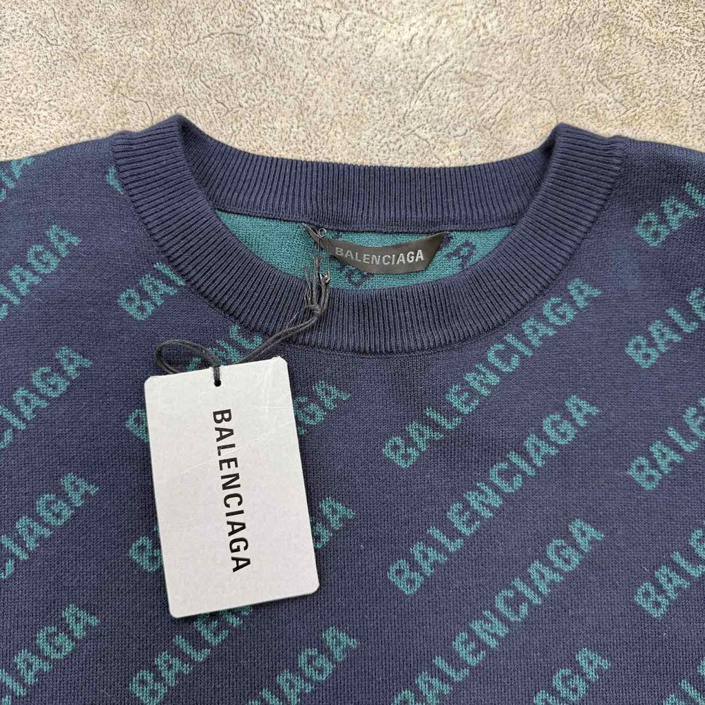 Balenciaga Knit Crewneck "MINI ALLOVER LOGO" Navy New Size M