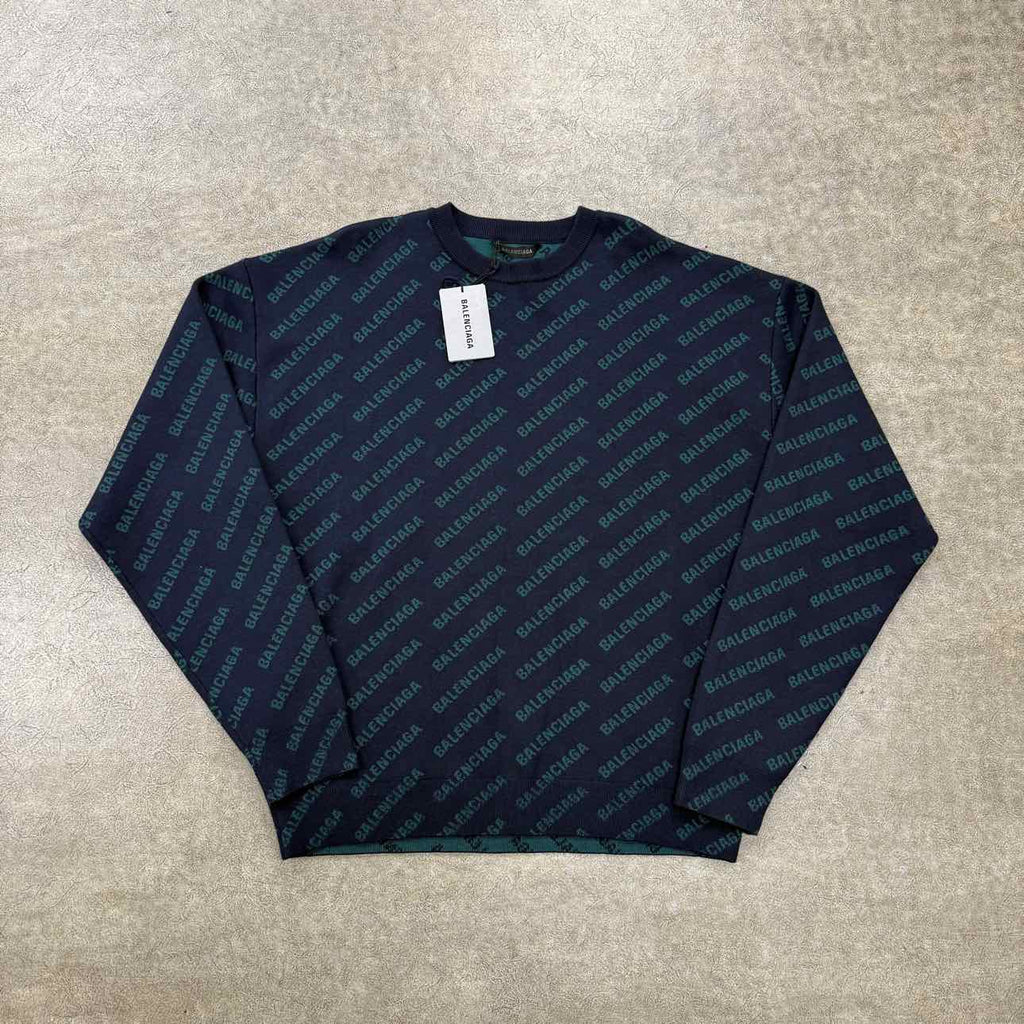 Balenciaga Knit Crewneck "MINI ALLOVER LOGO" Navy New Size M