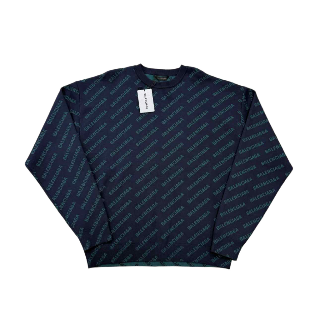 Balenciaga Knit Crewneck "MINI ALLOVER LOGO" Navy New Size M