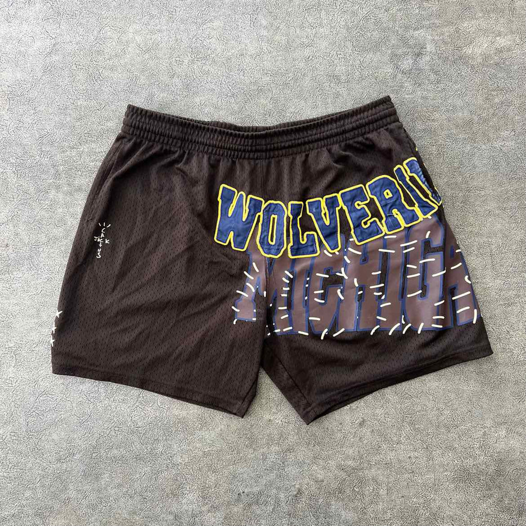 Travis Scott Mesh Shorts "WOLVERINES" Brown Used Size 2XL