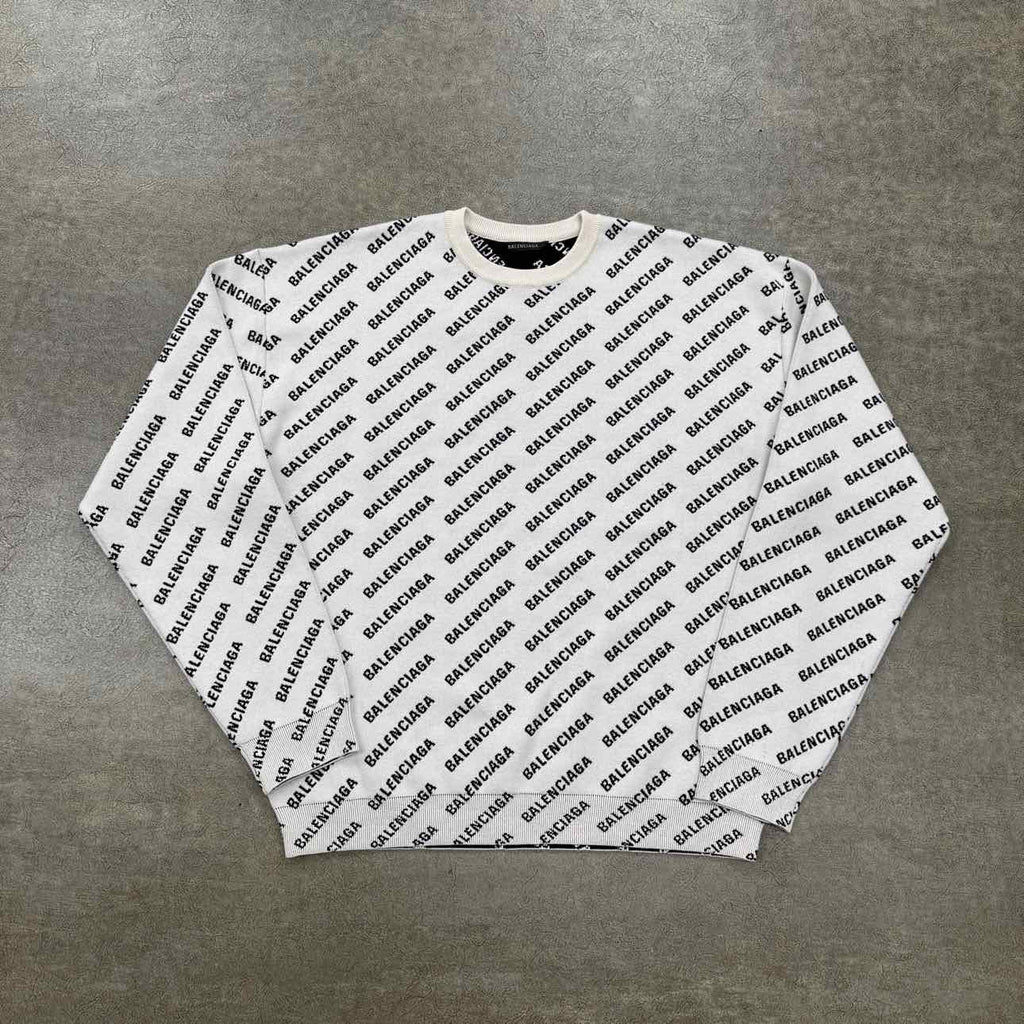 Balenciaga Knit Crewneck "MINI ALLOVER LOGO" Cream New Size L