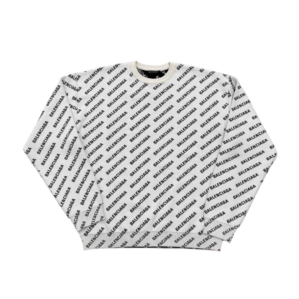 Balenciaga Knit Crewneck "MINI ALLOVER LOGO" Cream New Size XL
