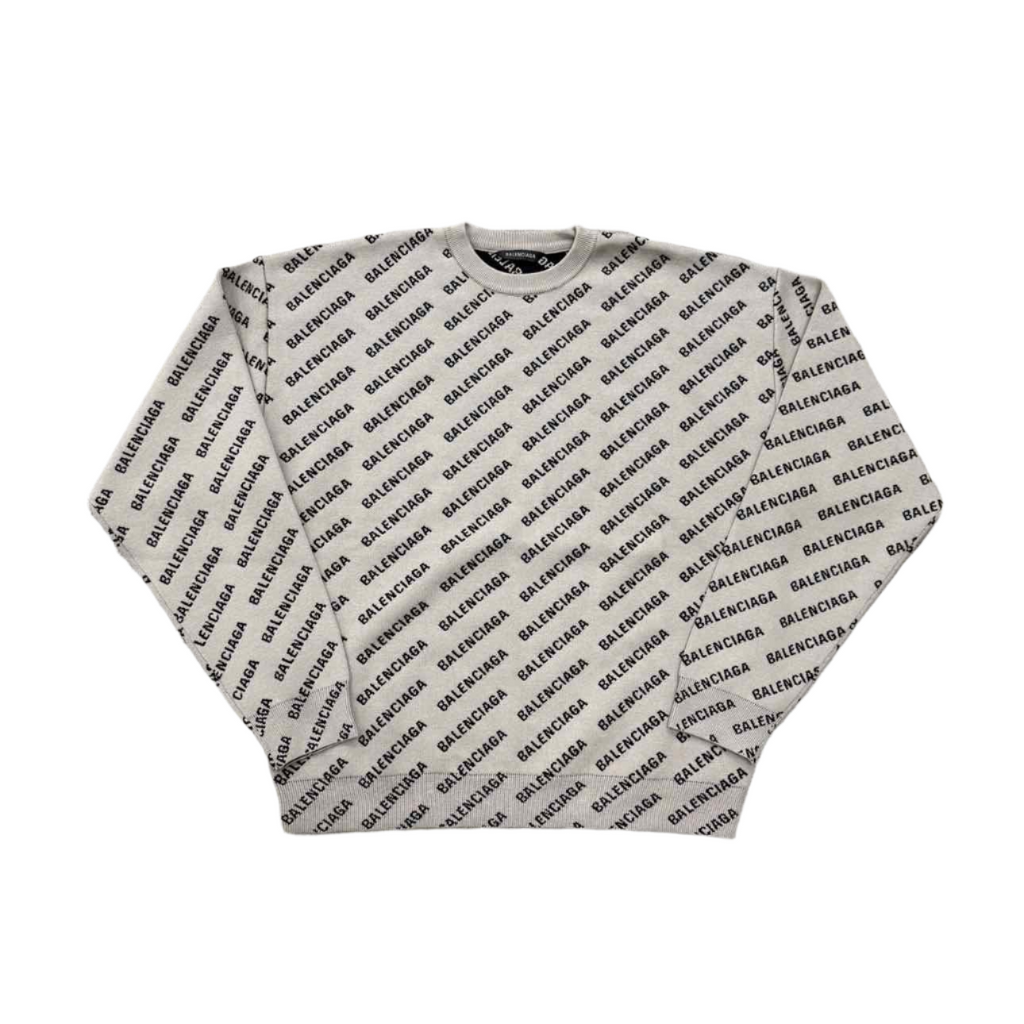 Balenciaga Knit Crewneck "MINI ALLOVER LOGO" Beige New Size L