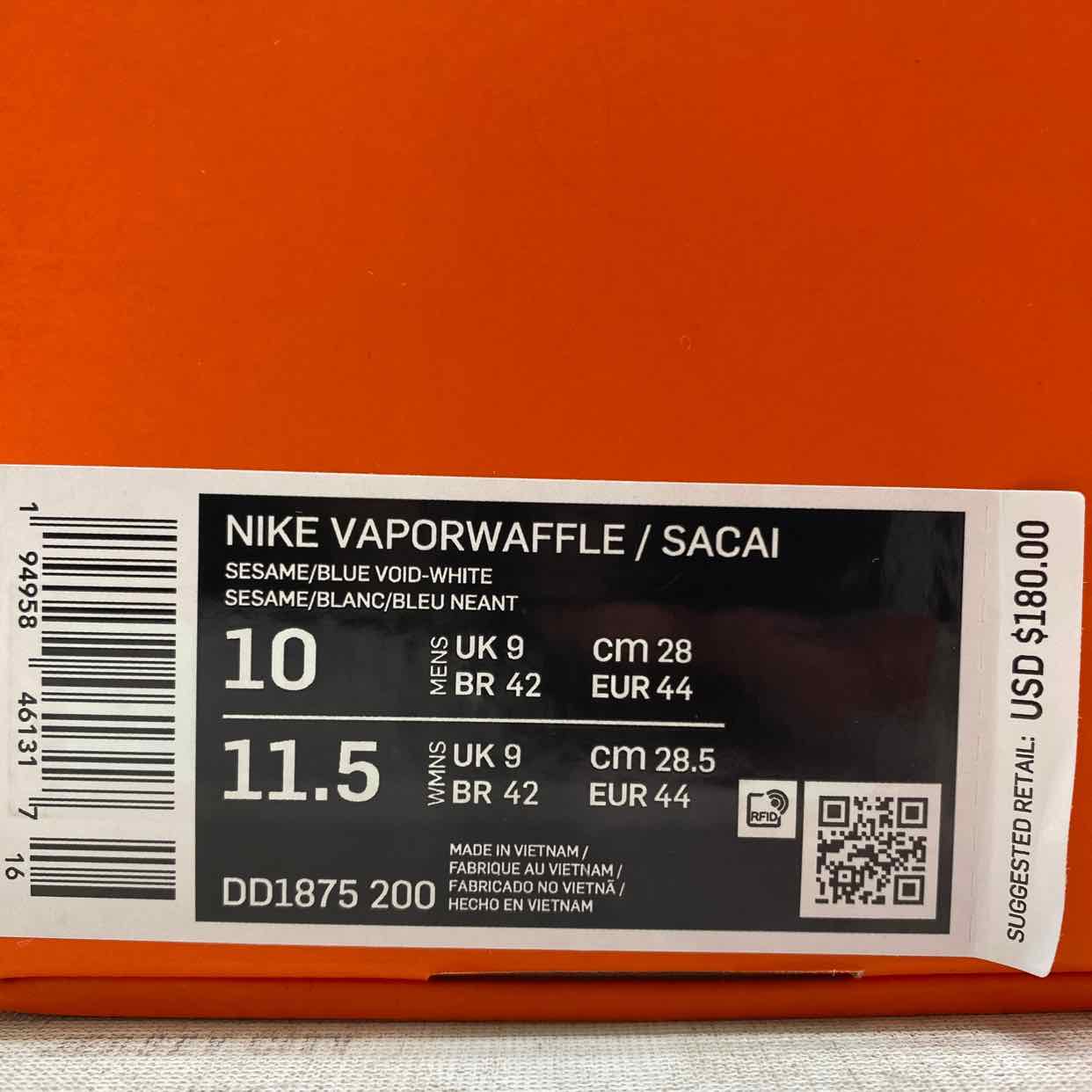 Nike Vaporwaffle / Sacai &quot;Sesame Blue Void&quot; 2021 Used Size 10